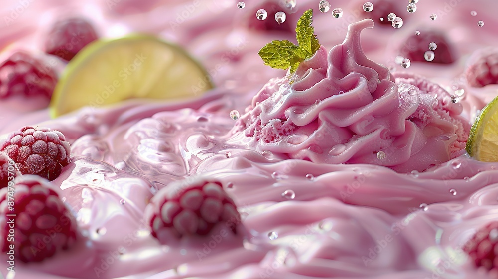 Raspberries, limes, and limes are mixed together in a pink liquid with limes on the side Raspberries, limes, and limes are mixed together in a pink liquid with limes on the side