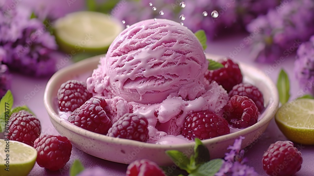 Raspberry ice cream in a bowl, surrounded by limes and lime wedges Raspberry ice cream in a bowl, surrounded by limes and lime wedges