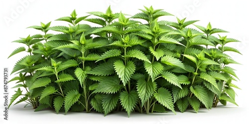 Detailed 3D illustration of an isolated set of lush green grass bushes, featuring common nettle or stinging nettle, scientifically known as Urtica dioica, with vibrant leaves and stems. photo