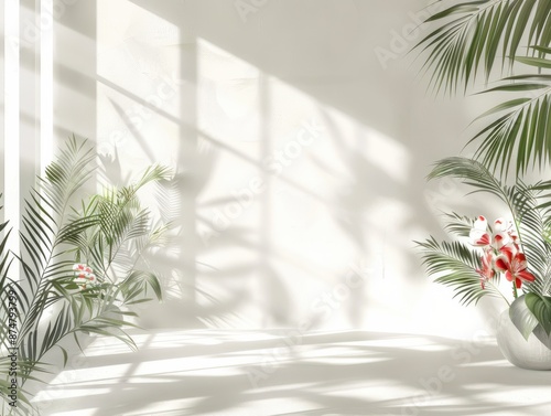 Abstract white studio background for product presentation. Empty room with shadows of window and flowers and palm leaves . 3d room with copy space. Summer concert. Blurred, Generative AI