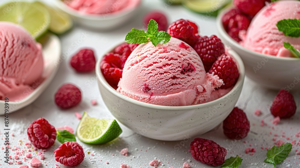 Bowl of Raspberry Ice Cream with Raspberries, Limes & Lime Wedges Bowl of Raspberry Ice Cream with Raspberries, Limes & Lime Wedges