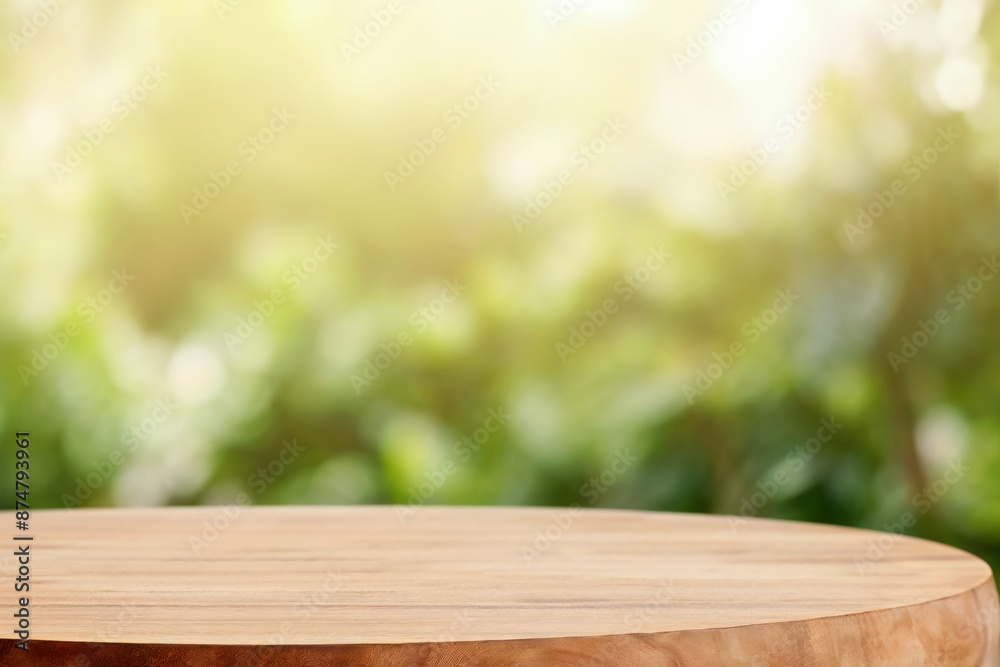 Empty wooden tabletop with a blurred green garden background, perfect for showcasing products Empty wooden tabletop with a blurred green garden background, perfect for showcasing products