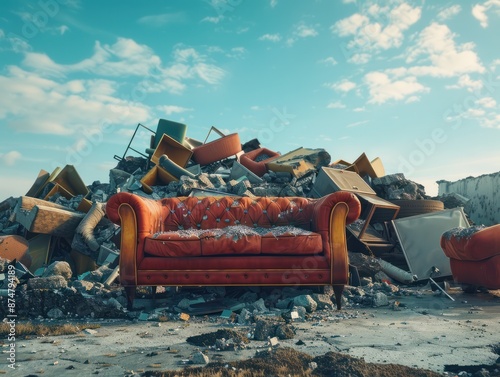 Discarded furniture piles up at a landfill site. Concept Landfill waste, Furniture disposal, Waste management, Environmental impact photo