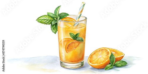 Freshly squeezed orange juice pours into a tall glass filled with ice cubes, garnished with a slice of orange and a sprig of mint leaves. photo