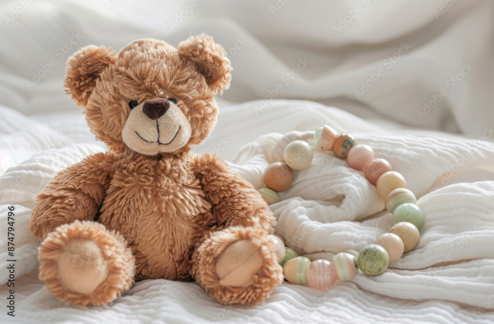 A teddy bear and a rattle toy are placed on top of a white linen bed sheet, providing space for text or product placement. A teddy bear and a rattle toy are placed on top of a white linen bed sheet, providing space for text or product placement.