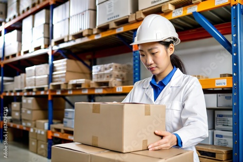 Asian Worker Organizing Packages on Shelves in Busy Warehouse Environment 