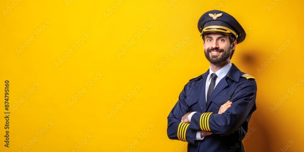 Fototapeta premium Portrait of a Smiling Pilot in Uniform Against a Yellow Background