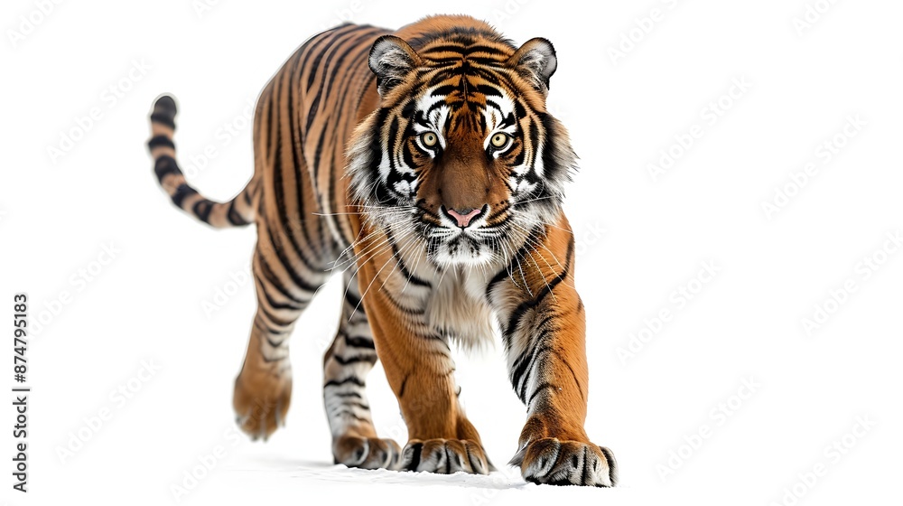 Obraz premium Powerful Tiger Prowling Amidst Lush Jungle Backdrop on White Canvas