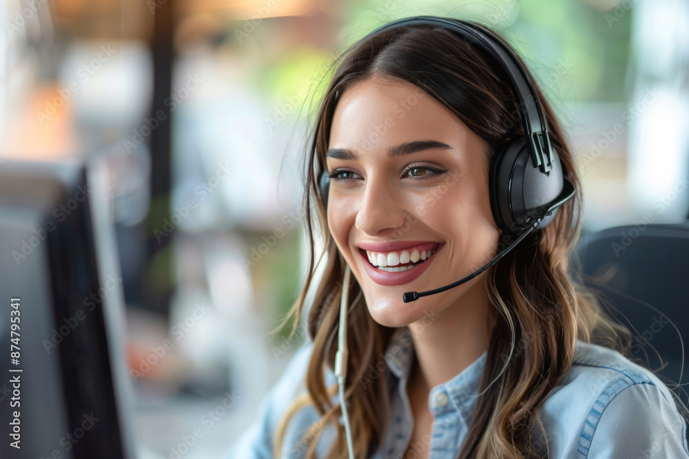 A smiling woman in a call center office conversing through a headset, providing virtual assistance.