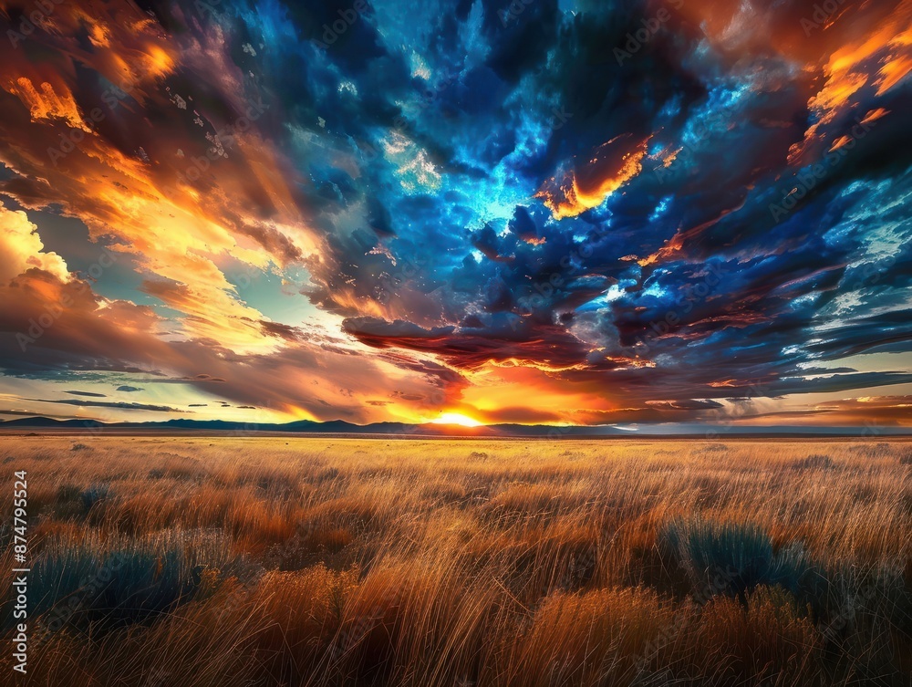 Obraz premium Stunning Sunset Over Golden Field in Santa Fe, New Mexico - Vibrant Sky and Dramatic Clouds Creating Majestic Atmosphere