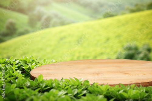 Empty wooden tabletop with blurred green tea plantation background for product display