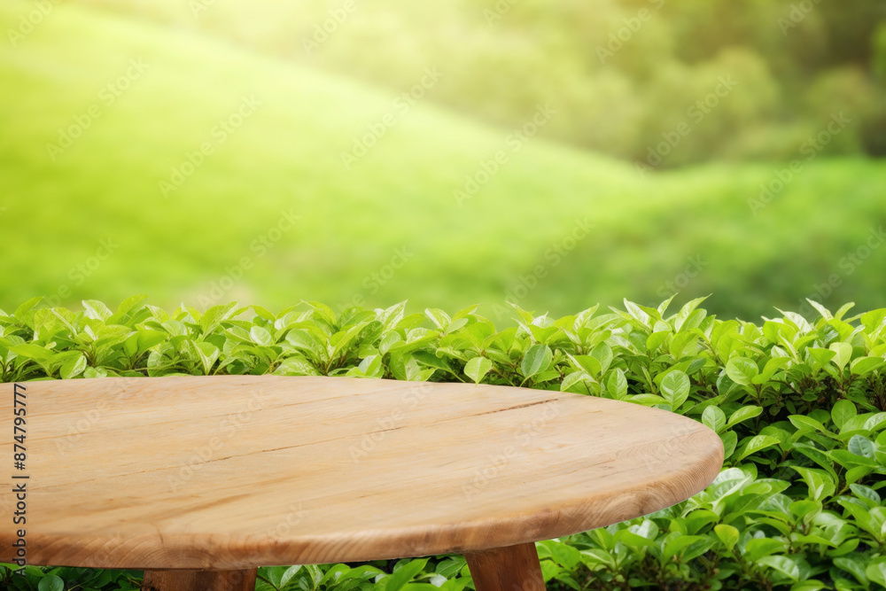 Empty round wooden table top with green tea plantation on blurred background, used for display or montage your products Empty round wooden table top with green tea plantation on blurred background, used for display or montage your products