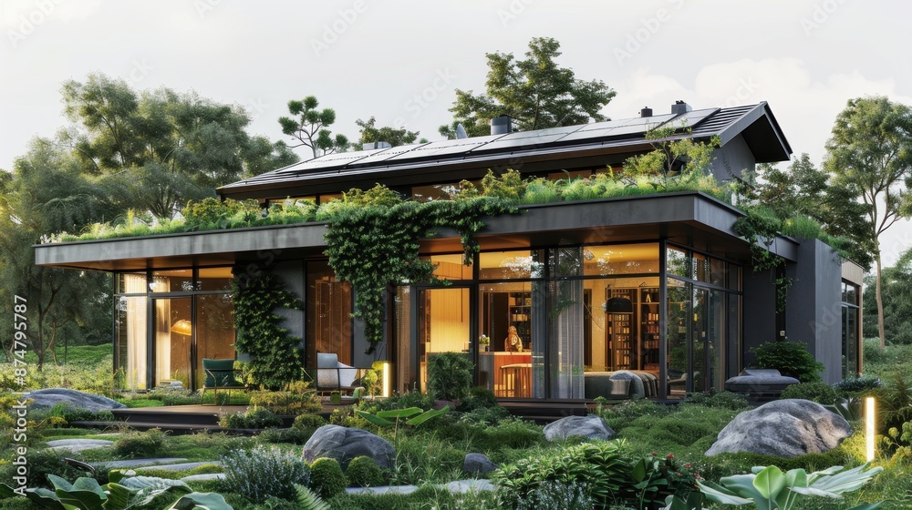 Realistic photograph of a family in an eco-friendly home with solar panels, rainwater harvesting system, and green garden, highlighting sustainable living. Realistic photograph of a family in an eco-friendly home with solar panels, rainwater harvesting system, and green garden, highlighting sustainable living.