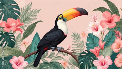 Tropical Toucan Amidst Hibiscus Flowers Illustration