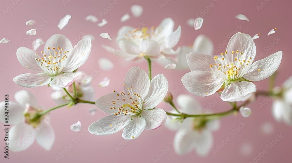 A close-up of white flowers against a pink background, featuring droplets of water on the petals and surrounding foliage A close-up of white flowers against a pink background, featuring droplets of water on the petals and surrounding foliage