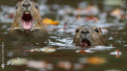   Two beavers are in the water with their mouths wide open