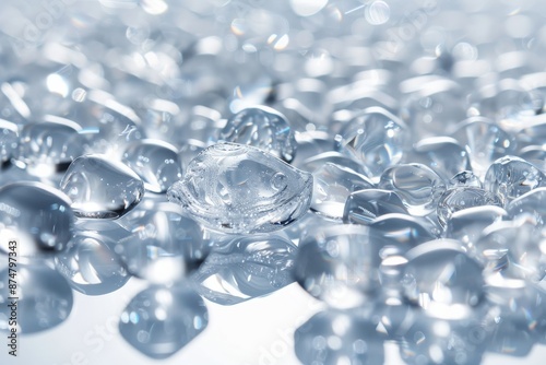 A close-up view of clear glass beads scattered across a reflective surface, captured from a low angle