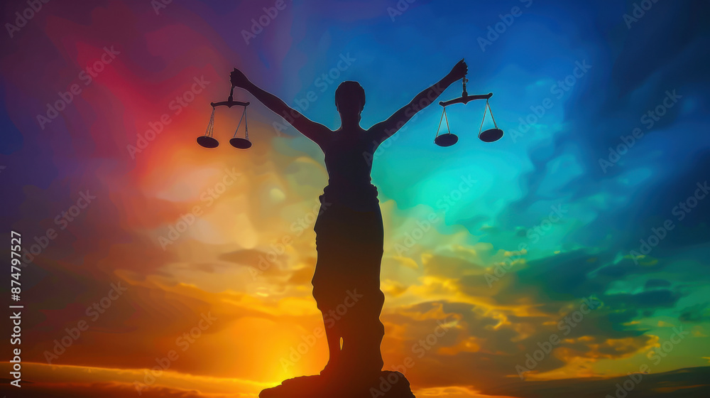 Silhouette of Lady Justice holding scales, set against a colorful sunset sky representing fairness and equality. Silhouette of Lady Justice holding scales, set against a colorful sunset sky representing fairness and equality.
