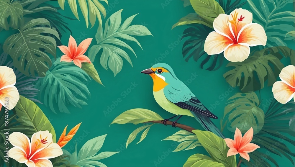Obraz premium A vibrant tropical illustration featuring a hummingbird hovering among hibiscus flowers and lush green leaves. A perfect nature-inspired artwork with exotic floral and wildlife elements