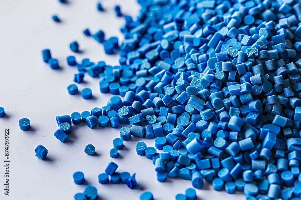 A close-up shot of vibrant blue plastic pellets scattered on a pristine white surface, showcasing their texture and color A close-up shot of vibrant blue plastic pellets scattered on a pristine white surface, showcasing their texture and color