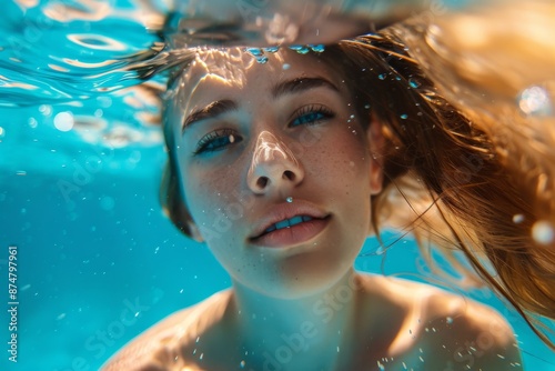A close-up shot of a woman with long hair swimming gracefully underwater in a clear blue ocean. Sunlight shines through the water, creating a beautiful, ethereal effect © Elmira