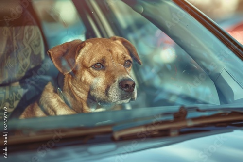 A dog sits in the front seat of a parked car, looking out the window with a concerned expression © Elmira