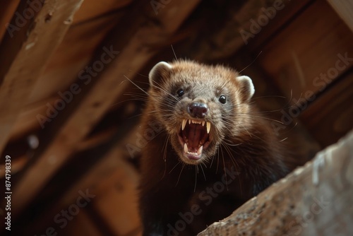 A close-up view of an angry marten with its mouth open, baring its teeth, in an attic setting