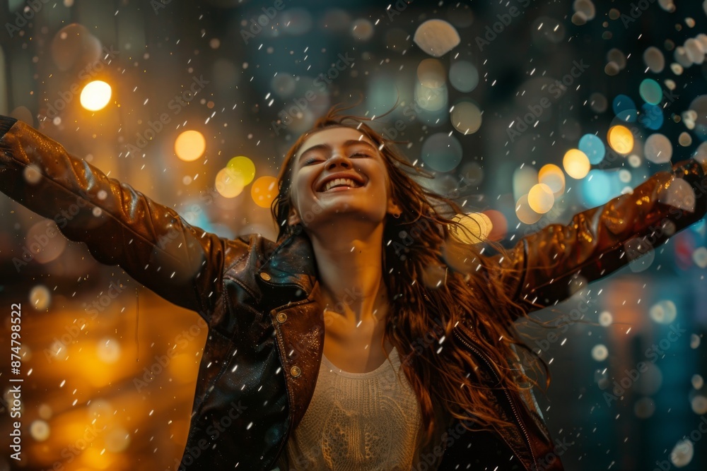 A young woman with long brown hair dances joyfully in the rain on a city street at night. She wears a brown leather jacket and has her arms outstretched as she laughs A young woman with long brown hair dances joyfully in the rain on a city street at night. She wears a brown leather jacket and has her arms outstretched as she laughs