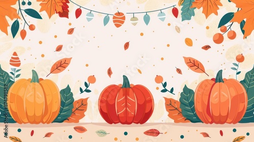 Joyful harvest festival, leaves and decorations, flat design illustration