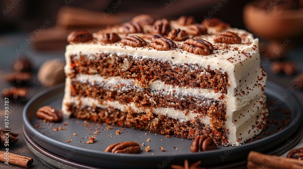 A cake photo zoomed in on a plate with pecans and cinnamon next to it A cake photo zoomed in on a plate with pecans and cinnamon next to it