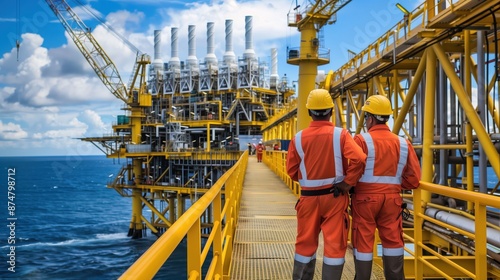 Two offshore rig workers in orange safety suits walking across a yellow bridge platform over a body of water (upstream oil and gas industry)