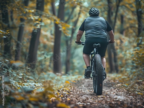 Determined Cyclist Riding Through Lush Autumn Forest Trail