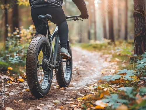 Determined Cyclist Exploring Autumn Forest Trail on Bike
