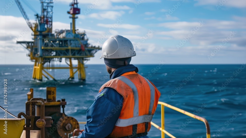 A male offshore worker in a safety vest standing on a railing overlooking a large oil and gas rig (upstream oil and gas industry) A male offshore worker in a safety vest standing on a railing overlooking a large oil and gas rig (upstream oil and gas industry)