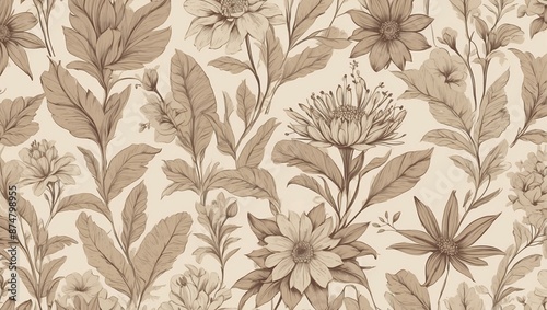 A floral and leaf pattern in brown tones on a cream background, creating a vintage and elegant feel. This motif is ideal for textiles, wallpapers, and artistic decorations with intricate details