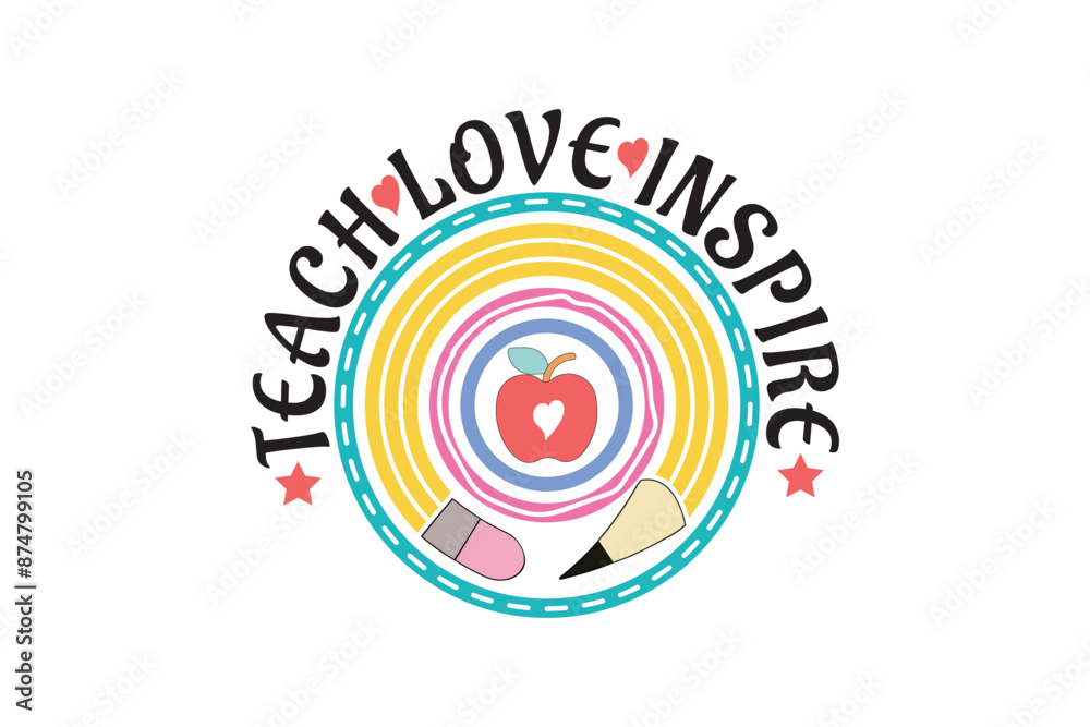 Teach Love Inspire Teacher Rainbow Coquette Pencil Bow Design, Teacher School Kindergarten Groovy Retro T-shirt Designs Teach Love Inspire Teacher Rainbow Coquette Pencil Bow Design, Teacher School Kindergarten Groovy Retro T-shirt Designs