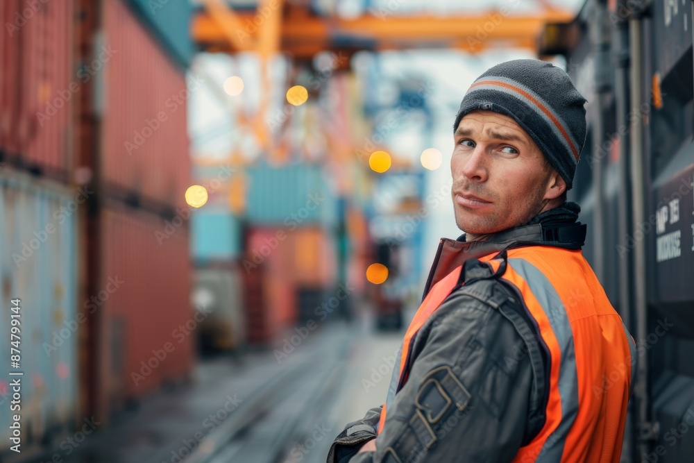A dock worker in a high-visibility vest stands by large shipping containers at a busy port A dock worker in a high-visibility vest stands by large shipping containers at a busy port