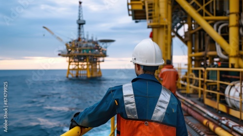 A male offshore worker in a safety vest standing on a railing overlooking a large oil and gas rig (upstream oil and gas industry)