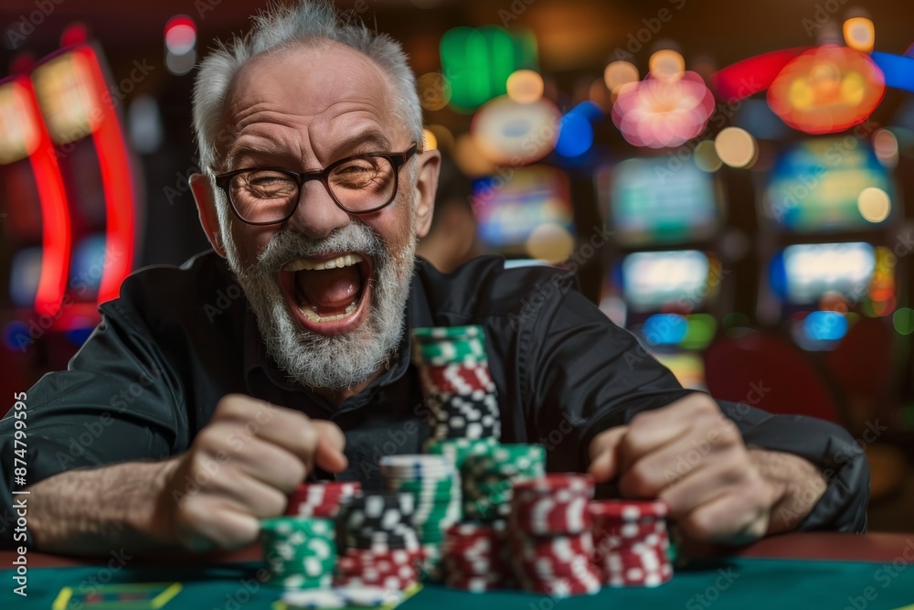 An older man with a white beard, wearing glasses, sits at a casino table and excitedly celebrates a win An older man with a white beard, wearing glasses, sits at a casino table and excitedly celebrates a win