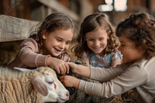 Three young children happily pet a sheep and a goat in a rustic barn setting