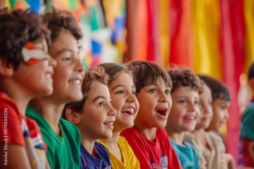 A group of children watch a puppet show with wide eyes and eager smiles A group of children watch a puppet show with wide eyes and eager smiles