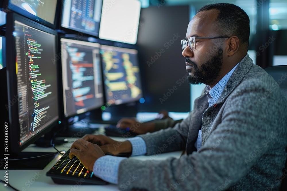 Focused programmer coding on multiple computer screens