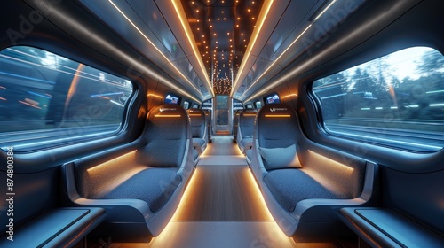 Electric train interior with comfortable seating, ambient lighting, digital displays.