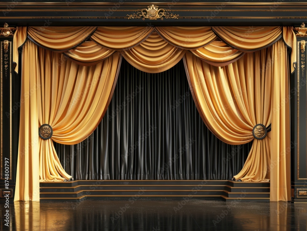 Fototapeta premium Empty background - Theater stage with black gold velvet curtains (Generative Ai)