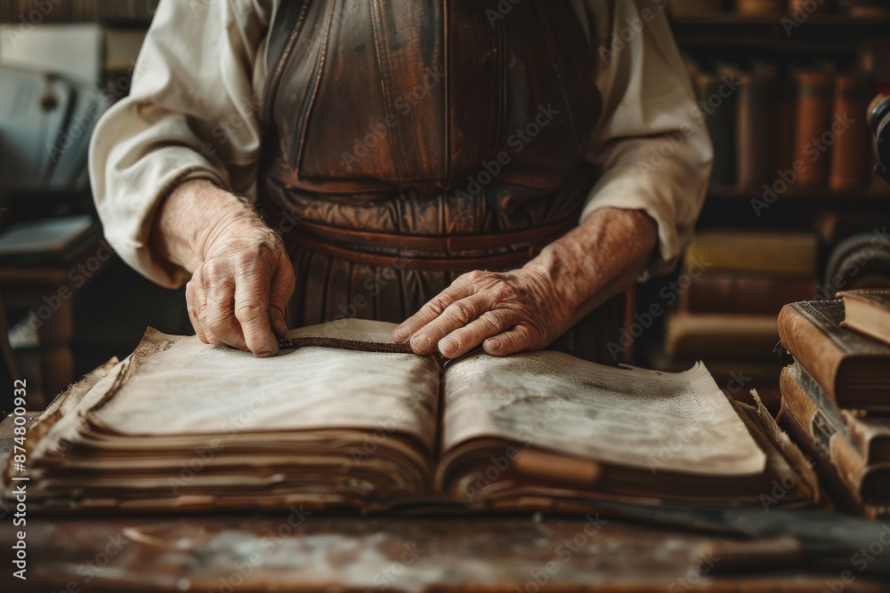 A bookbinder carefully stitches the pages of a book together in a warm, vintage workshop A bookbinder carefully stitches the pages of a book together in a warm, vintage workshop