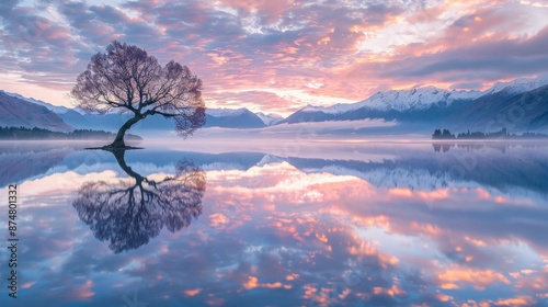 At dawn, the Wanaka tree is illuminated by the first light, creating a breathtaking scene as its reflection dances on the waters of Lake Wanaka in New Zealand.
