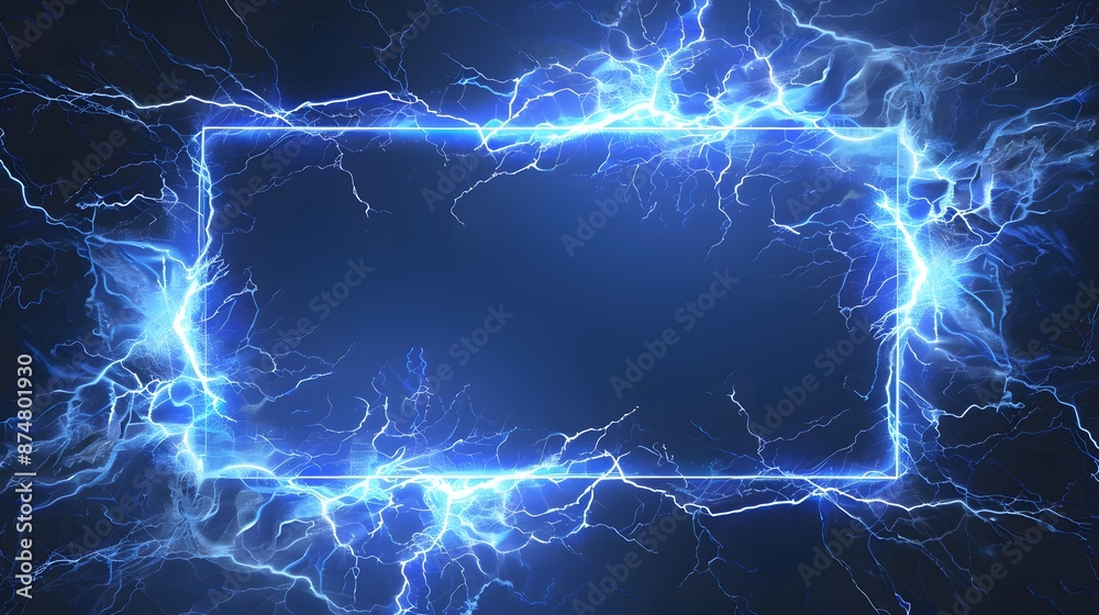 Fototapeta premium Lightning frames, blue electric borders of rectangular and square shapes with thunder bolt effect. Isolated photo frames with thunderbolt impact, magical energy flash . 
