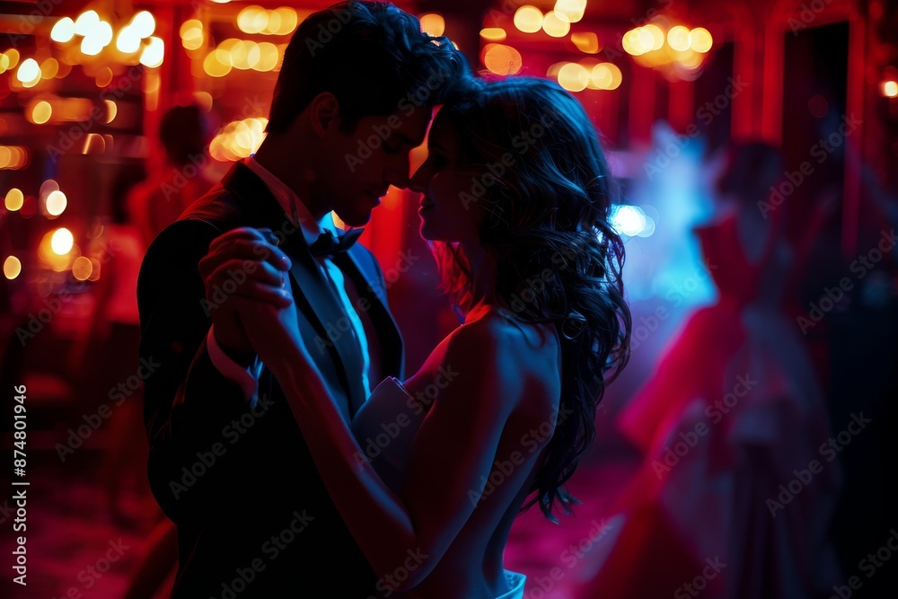 A couple dances intimately in a dimly lit ballroom, their faces illuminated by the soft glow of the dance floor. Passion ignites as their eyes meet A couple dances intimately in a dimly lit ballroom, their faces illuminated by the soft glow of the dance floor. Passion ignites as their eyes meet