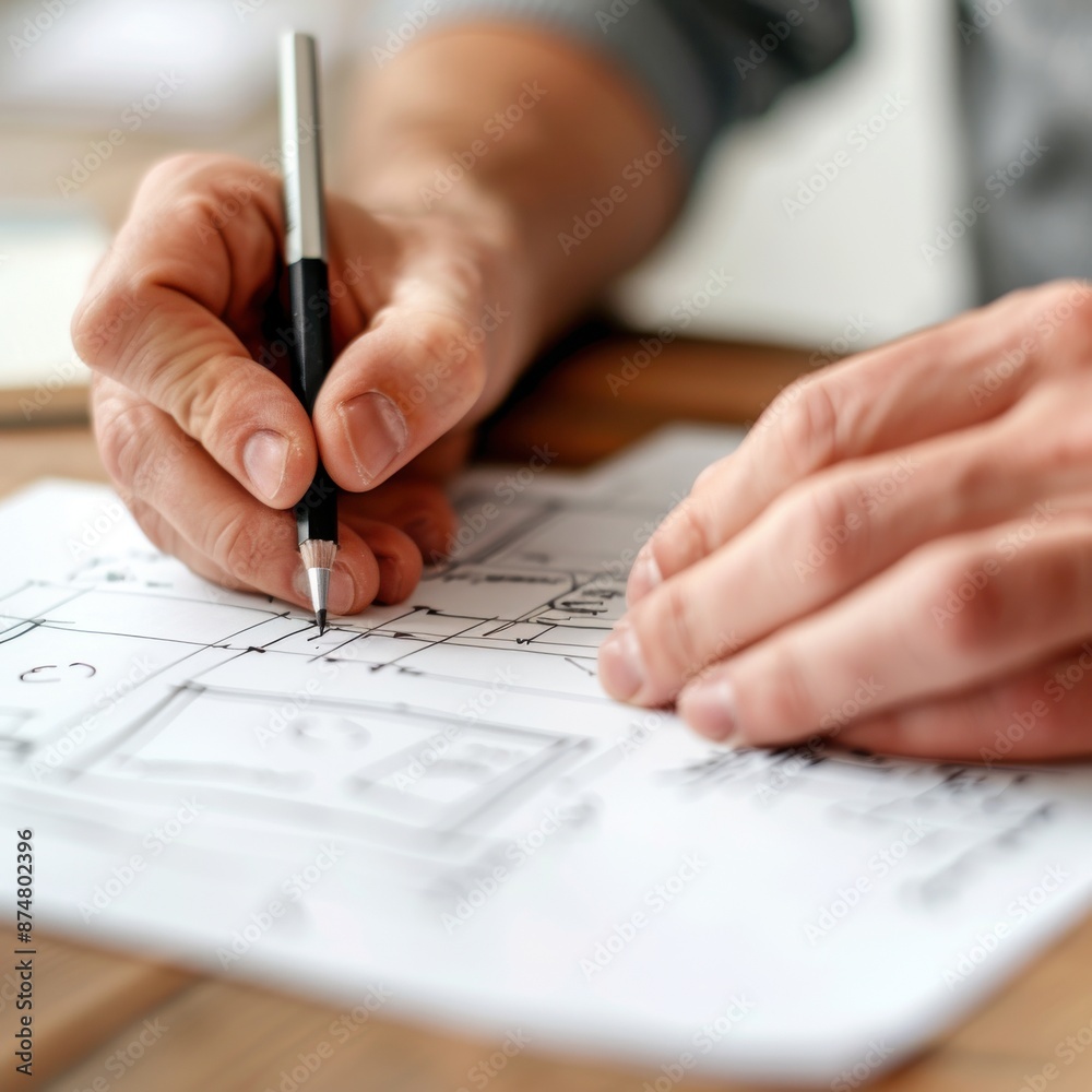 Close-up of a person's hands writing with a pen on architectural blueprints at a wooden desk, highlighting design and creativity. Close-up of a person's hands writing with a pen on architectural blueprints at a wooden desk, highlighting design and creativity.