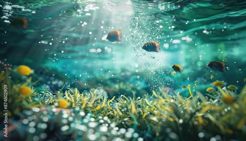 Underwater scene with vibrant fish and bubbles rising up.